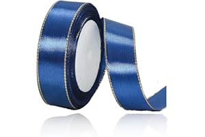 ALOHOVME Navy Blue Satin Ribbons 1 Inch x 25 Yards, Fabric Ribbon with Gold Edges Border for Gift Wrapping, DIY Crafts, Floral Bouquets, Hair Bows, Sewing Projects, Baby Shower and Wedding Party Decorations