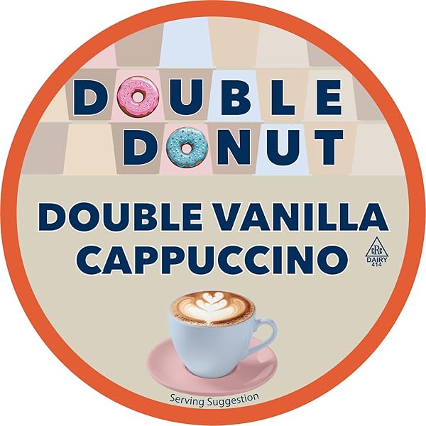 DOUBLE DONUT COFFEE DOUBLE VANILLA CAPPUCCINO PODS, 24 SINGLE SERVE CUPS FOR KEURIG K CUP BREWERS IN RECYCLABLE PODS