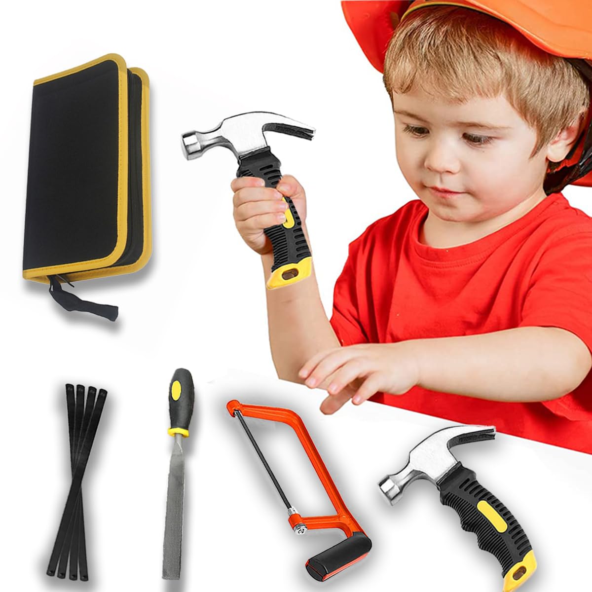 QeeHeng Kids Real Tool kit,8 PCS Children Real Tool Set with Real Hand Tools,Tool Set for Home Building Learning,Woodworking Hand Tools for Boys & Girls DIY Beginner Learning Gift, Come with Toolkit