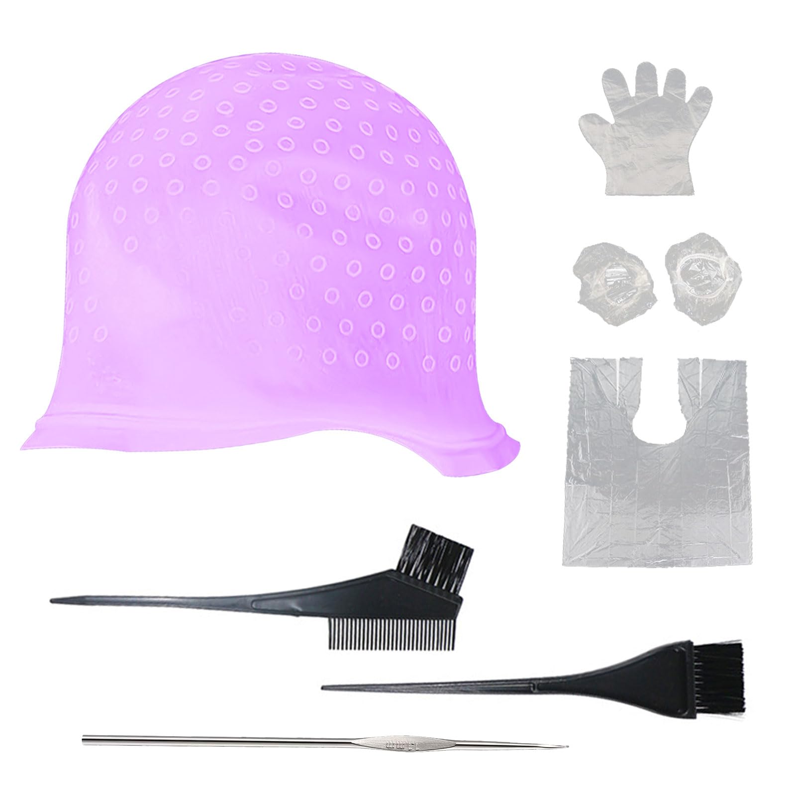 SKHAOVS 7 Pcs Silicone Highlight Cap Kit, Punched Hole Silicone Highlight Hair Cap with Needle Highlighting Frosting Cap for Color Salon Silicone Hairdressing Tools for Women Girls (Purple)
