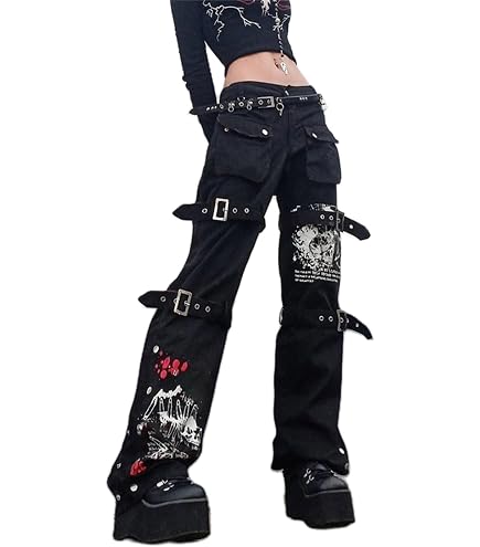 Acehomeyfit Women Gothic Punk Cargo Pants High Waist Flare Pants