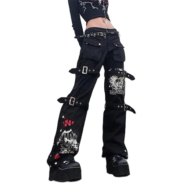 Adoeren Women Y2k Gothic Punk Pants Wide Leg Denim Jean Cargo