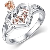 POPKIMI Sterling Silver I Love You Mom Ring with Rose Flower