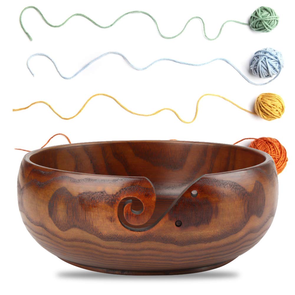 Yarn Bowl, Natural Wooden Yarn Storage Bowl with Carved Holes and Drills for Knitting Crochet Crochet and Crafting Handmade Home Decor for Craft Lovers