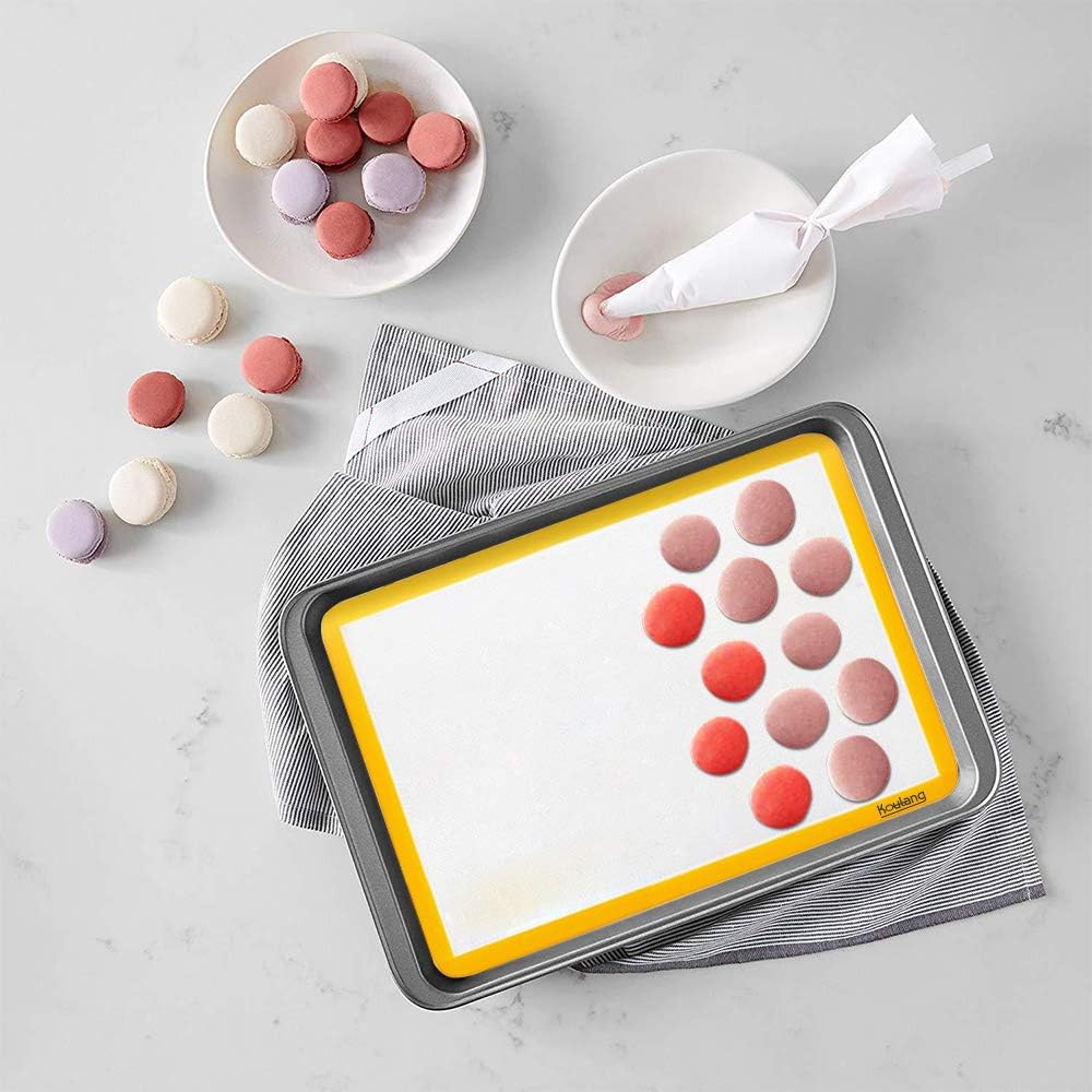 Koulang Reusable Silicone Baking Mats - BPA Free Nonstick Macaron Baking Mat Sets 4 Pack Large and Small with Oil Brush Professional for Holiday Macarons Cookies: Kitchen & Dining