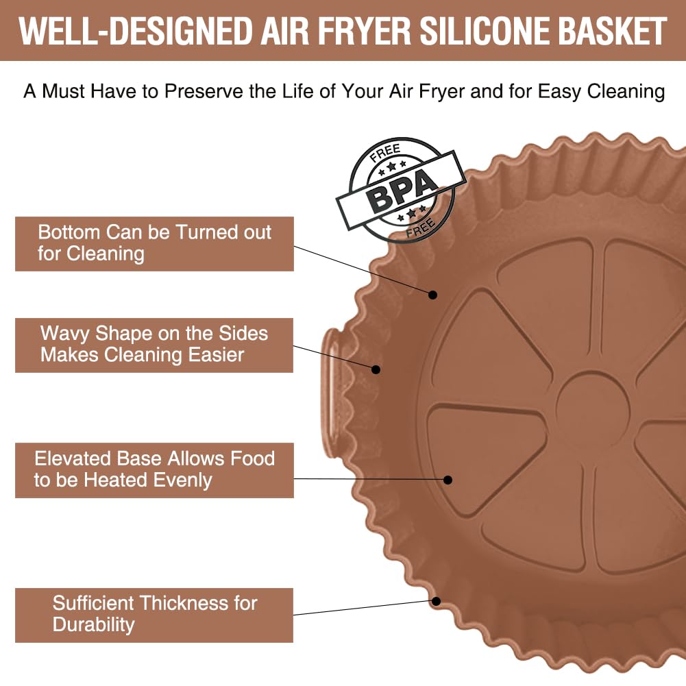 Silicone Air Fryer Liner 2 Pack, Xabzhzn 9 inch Non-Stick Reusable Air Fryer Liners for 5 to 6 7 8 QT Square and Round Basket, Airfryer Silicone Pot Baking Tray Oven Microwave Accessories, Blue+Brown
