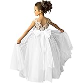zikusel Lace Applique Tulle Flower Girl Dress for Wedding Sleeveless Long Satin Bow Knot V-Back Elegant Formal Dresses