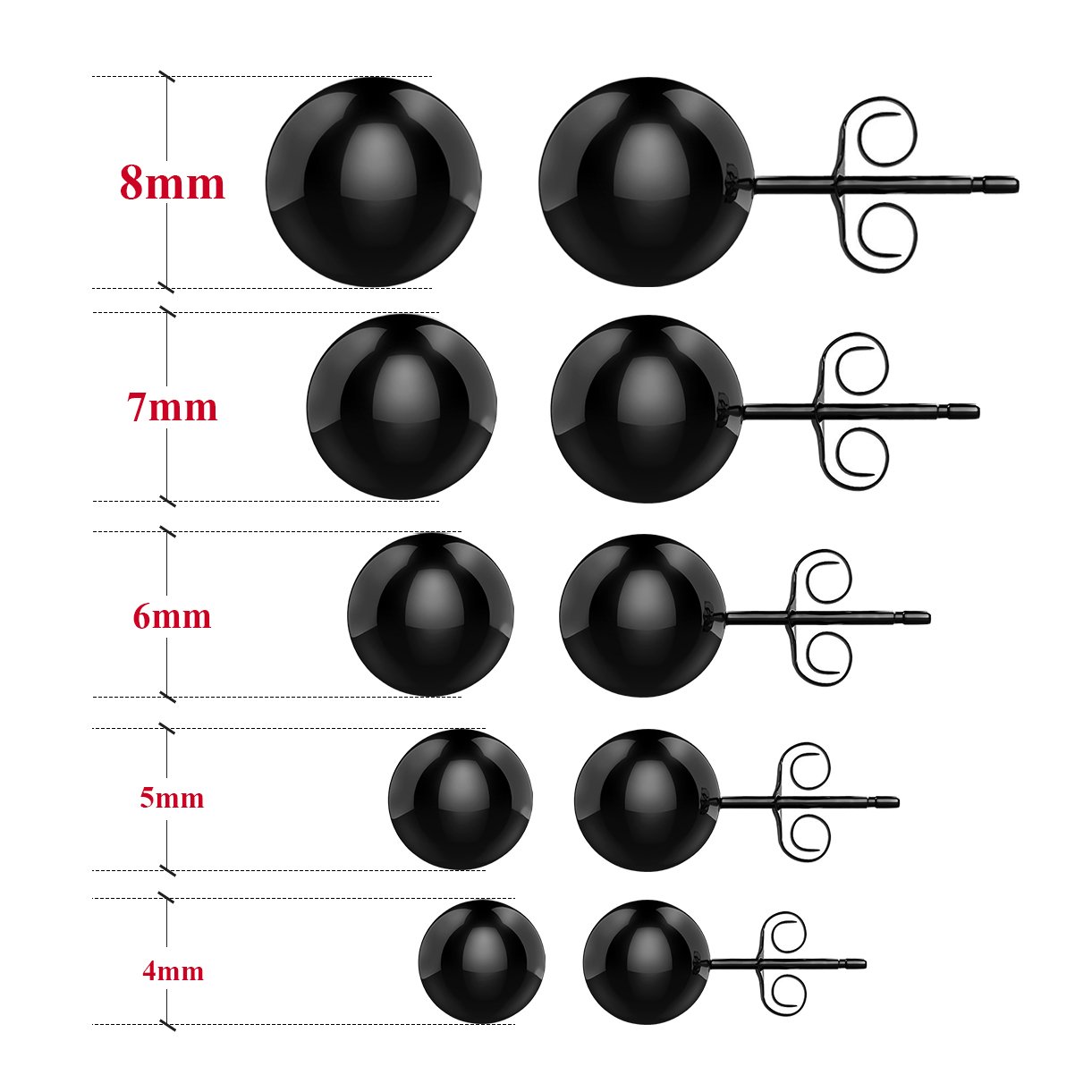 UHIBROS 316L Surgical Stainless Steel Round Ball Studs Earrings 5 Pair Set Assorted Sizes (Black)