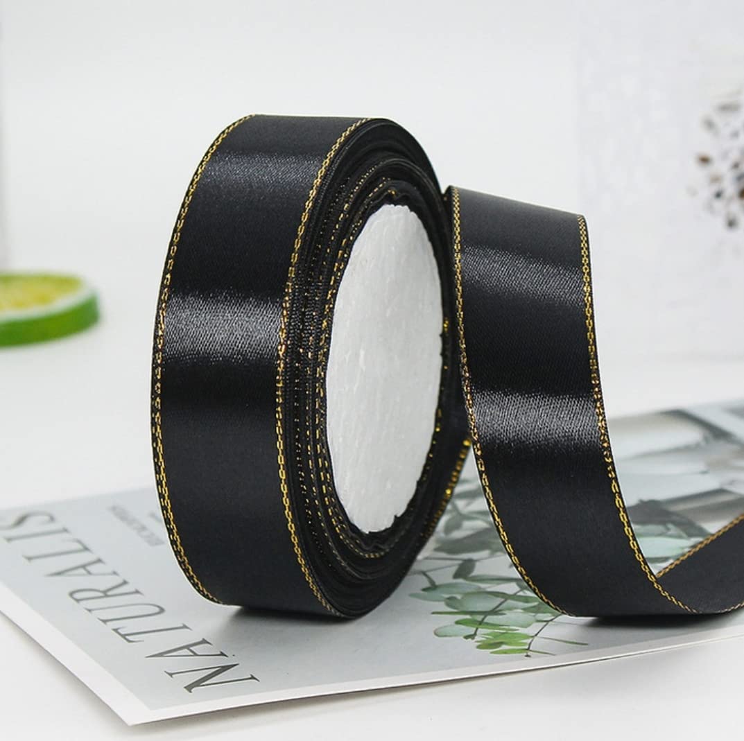 MajorCrafts® 25mm 22metres Gold Edge Trim Satin Fabric Ribbon Roll Craft Embellishments (Black R39)