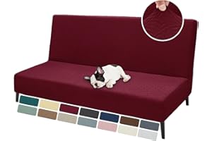 ZNSAYOTX Armless Futon Covers Full Size (67"-82") Stretch Jacquard Sofa Bed Slipcovers, Striped Queen Futon Cover with Non-Slip Elastic Bottom, Soft Cozy Futon Mattress Cover Washable (Wine Red)
