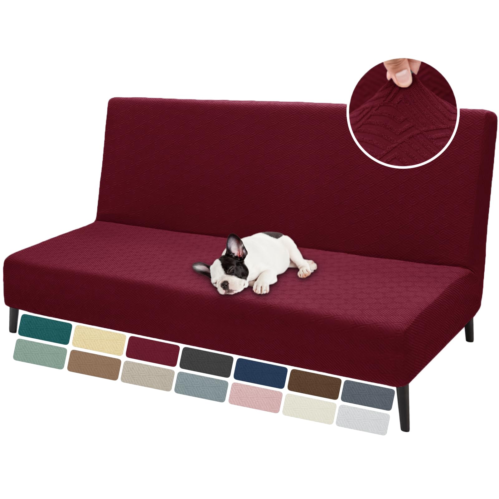 Photo 1 of ZNSAYOTX Armless Futon Covers Full Size (67"-82") Stretch Sofa Bed Slipcover with Non-Slip Elastic Bottom, Thick Jacquard Futon Mattress Cover Soft Durable Washable Spandex Protector (Wine Red)