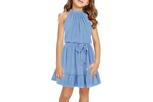 Newffr Girl's Halter Neck Sleeveless Summer Dress Tie Waist A-line Sundress Mini Swing Pleated Dress for Girls 4-12