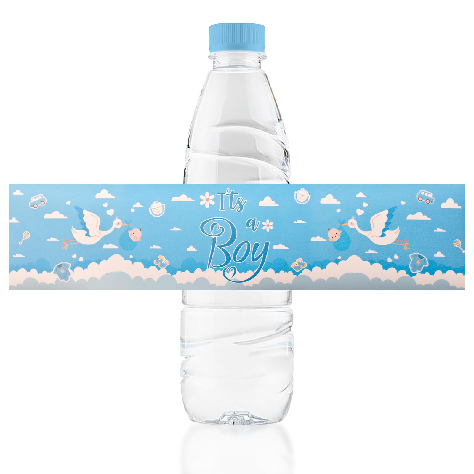 URROMA 48 Pcs Blue Baby Gender Reveal Water Bottle Labels Stickers for Baby Shower Party, Boy, Vinyl, Minimalist, Rectangular, Waterproof, Bottle Decor