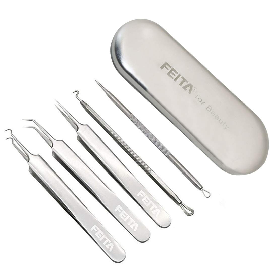 FEITA Blackhead Remover Tool Kit - Acne Pimple Tweezers Comedone Extractor Set for Facial Whitehead Popping Zit Removal