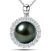 Genuine Tahitian Black Pearl Necklaces for Women, 9-12mm AAAA Seawater Pearl - Sterling Silver Moissanite Pendant, Wedding Anniversary, Birthday, Christmas Gift for Wife, Mom, Girlfriend, Fine Jewelry