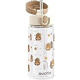 Evorie Tritan Kids Water Bottle with Straw, 13oz BPA-Free Leak Proof Drinking Bottle for School & Travel, Lightweight Clear Water Bottle with Carry Strap, Dishwasher Safe, for Kids Ages 3+, Capybara