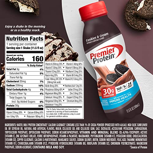 PREMIER PROTEIN SHAKE, COOKIES & CREAM, 30G PROTEIN, 1G SUGAR, 24 VITAMINS & MINERALS, NUTRIENTS TO SUPPORT IMMUNE HEALTH 11.5 FL OZ