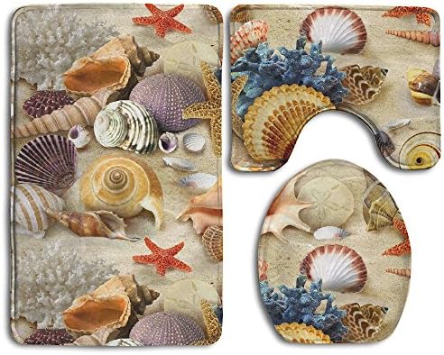 Fashion Print Sea Shells Coral Sea Stars 3 Pcs Bathroom Carpet Non-Slip U-Shaped Floor+Lid Toilet Cover+ Bath Rug Set