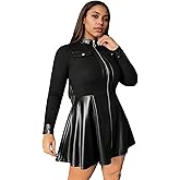 Plus Size Women's Zip Up Flap Detail PU Leather Splicing Black Dress Casual Dress