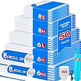 AROIC 50 Pack Vacuum Storage Bags, 5 Sizes + 2 Roll-up (8 Each) Space Saver Vacuum Sealer Bags for Clothing with 1 Electric Pump and 1 Hand Pump, Seasonal Storage Bags for Luggage, Travel Essentials