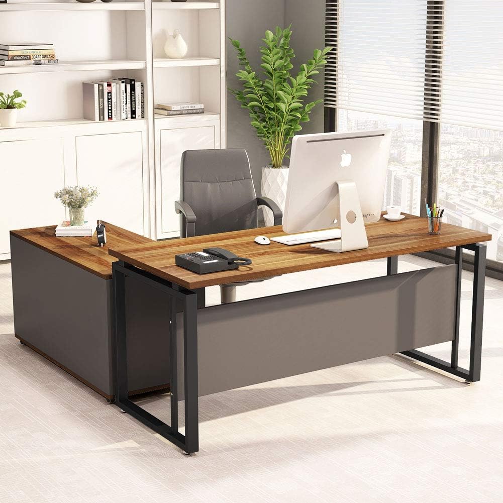 Amazon Com Little Tree L Shaped Computer Desk 55 Executive Desk Business Furniture With 39 File Cabinet Storage Mobile Printer Filing Stand For Home Office Desk Walnut Office Products
