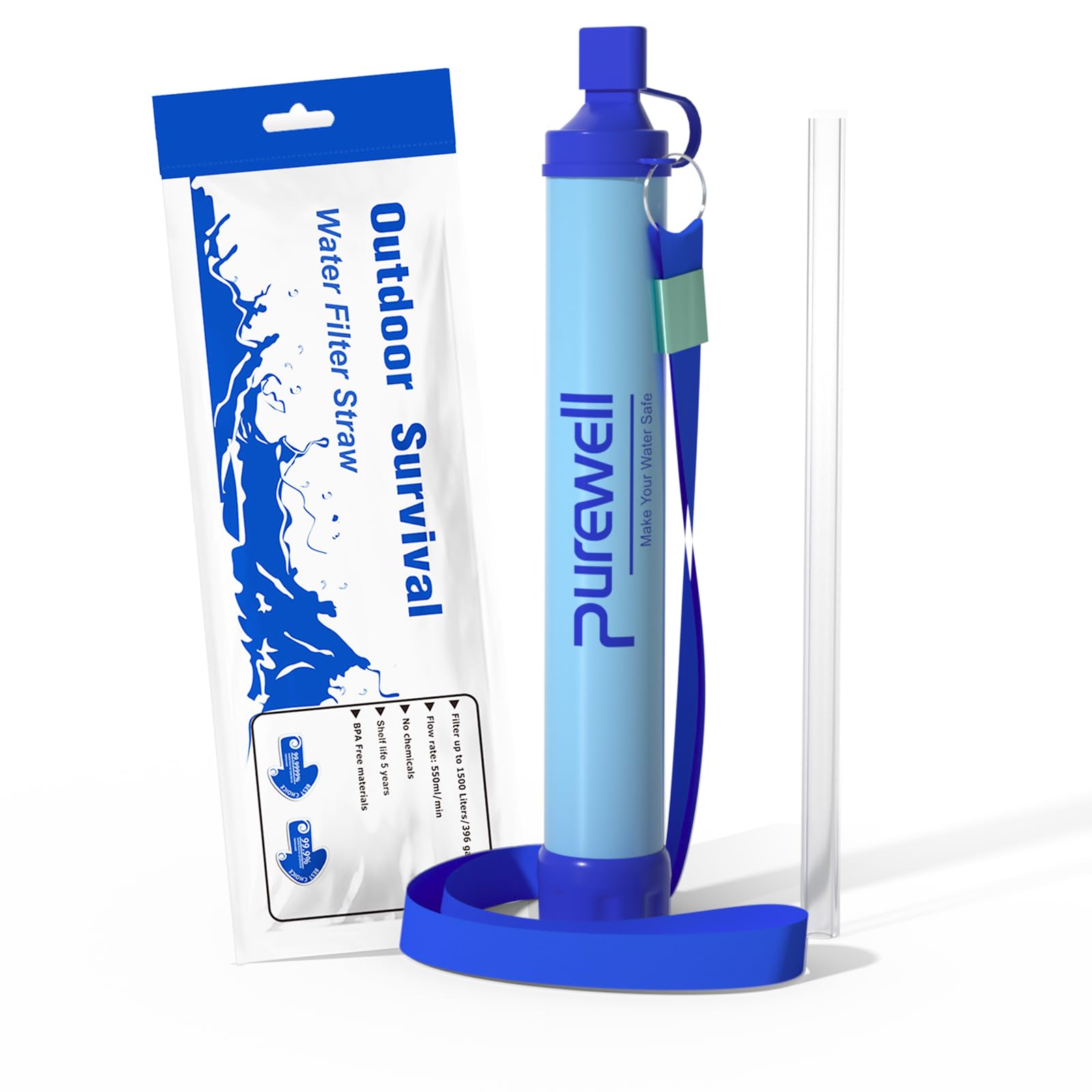 Purewell Outdoor Water Filter – 0.01 μm ultra-fine filter removes 99.99% of bacteria & heavy metals | 1500L filter capacity | Portable drinking water filter with neck strap for survival & outdoor