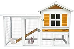 RUNSHED Rabbit Hutch Outdoor Indoor Rabbit Cage Coop Guinea Pig Cage,Two Floors Wooden Rabbit Cage Indoor, Waterproof Roof,with Stairs and Cleaning Tray Bunny Hutch Bunny House(Yellow&White)