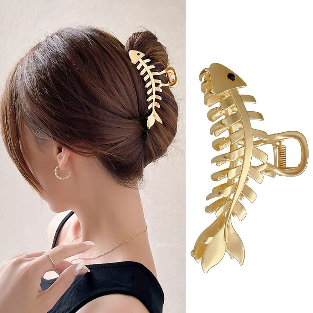 Photo 1 of Hair Jaw Claw Clips Fish Bone Shape Large Metal Gold Fashion Nonslip Hairpin Catch Clip Accessories for Thick/Thin Hair HairStyling (Gold)