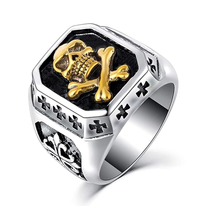 BOBIJOO Jewelry - Ring Siegelring Totenkopf Silber Gold Kreuz Templer Edelstahl Biker - 17,8 (7 US), Vergoldet - Edelstahl 31