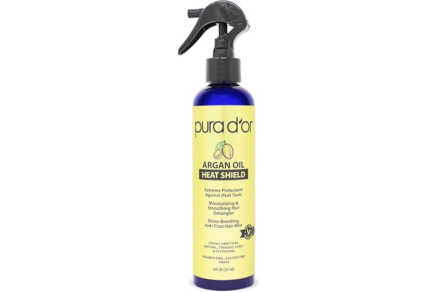 PURA D’OR 8 Oz Argan Oil Heat Shield Protectant Spray with Select Organic Ingredients, Protects Up To 450º F From Flat Iron & Hot Blow Dry, Leave-In, Define & Shine Dry & Damaged Hair