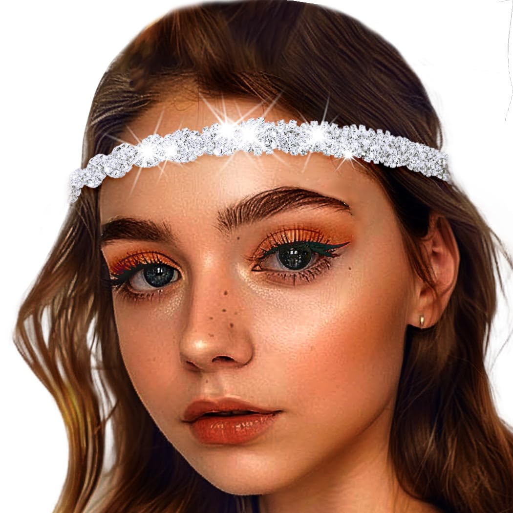 Women's Rhinestone Headbands Sparkly Elestic Hairband Vintage Metal Headbands Sparkly Elegant Party Daily Head Chain (Silver, M)