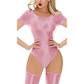 FEOYA Womens Shiny Oil Glossy Short Sleeve Jumpsuit Stretchy Metallic Bodysuit Dance Leotard