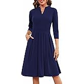 Zattcas Women 3/4 Sleeve Vneck Fall Dress Business Casual Work Teacher Church Modest Pleated Midi Dress with Pockets