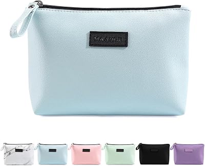 Maange Small Travel Cosmetic Bag Waterproof PU Leather with Handle Blue