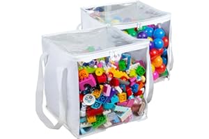 CARPETBOX 2 Pack Extra Large Toy Storage Clear Bags with Zipper 14"x14"x14" Clear Plastic Bins with Handle, Toy Organizer for Kids playroom, Blocks, Clothes, Stuffed Animal Storage