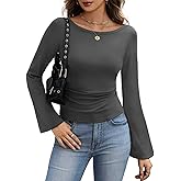 BESTPOEM Womens Long Sleeve Bell Sleeve Cropped Tops Valentine's Day Dressy Casual Boat Neck Ruched Cotton T-Shirts