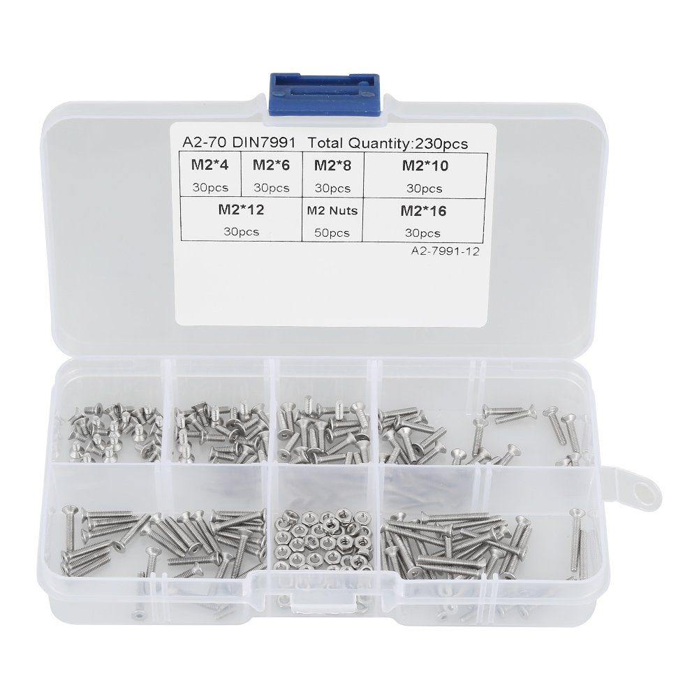 230pcs M2 Flat Head Hex Socket Screws 304 Stainless Steel Bolt Assortment Kit
