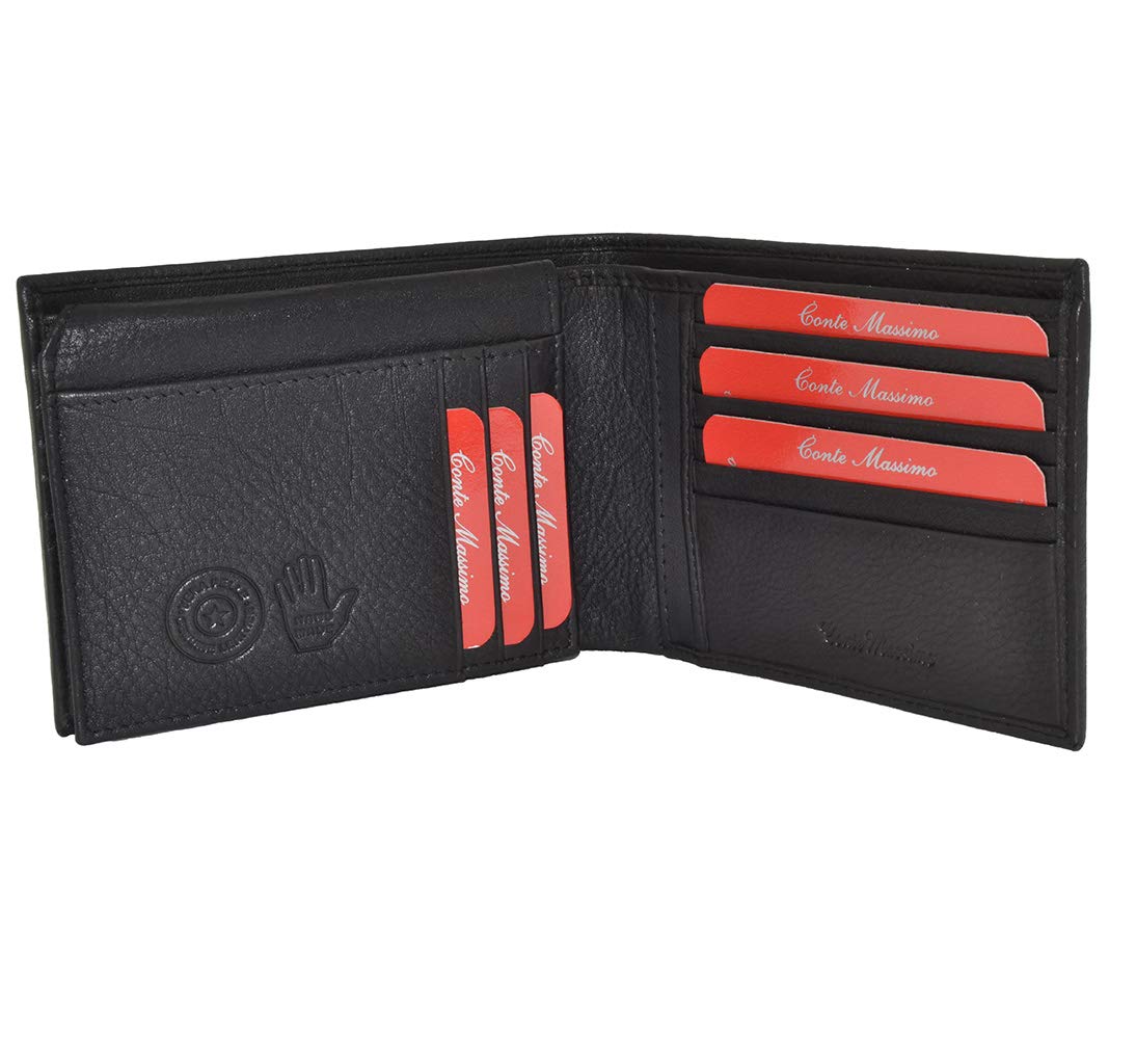 CM Conte Massimo Men's Real Leather Wallet - Black Slim Bifold with 15 Card Slots & ID Window - Pocket Size