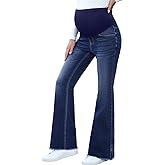 BLENCOT Maternity Jeans Over Belly Stretch Pregnancy Pants for Pregnant Women with Pockets Flare Denim Comfy for Expecting Mothers P605 Blue XL