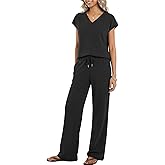 Casly Lamiit Two Piece Sets for Women Summer Travel Outfits V Neck Cap Sleeve Top Wide Leg Pant Set Casual Lounge Clothes