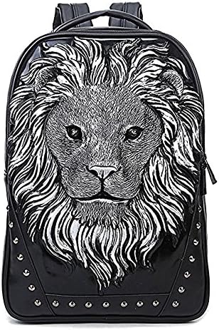 Wua 3D Lionhead PU Leather School Bag Studded Personalized Backpack Casual Laptop Shoulder Bag for Boys and Girls/ Women and Men (Silver)
