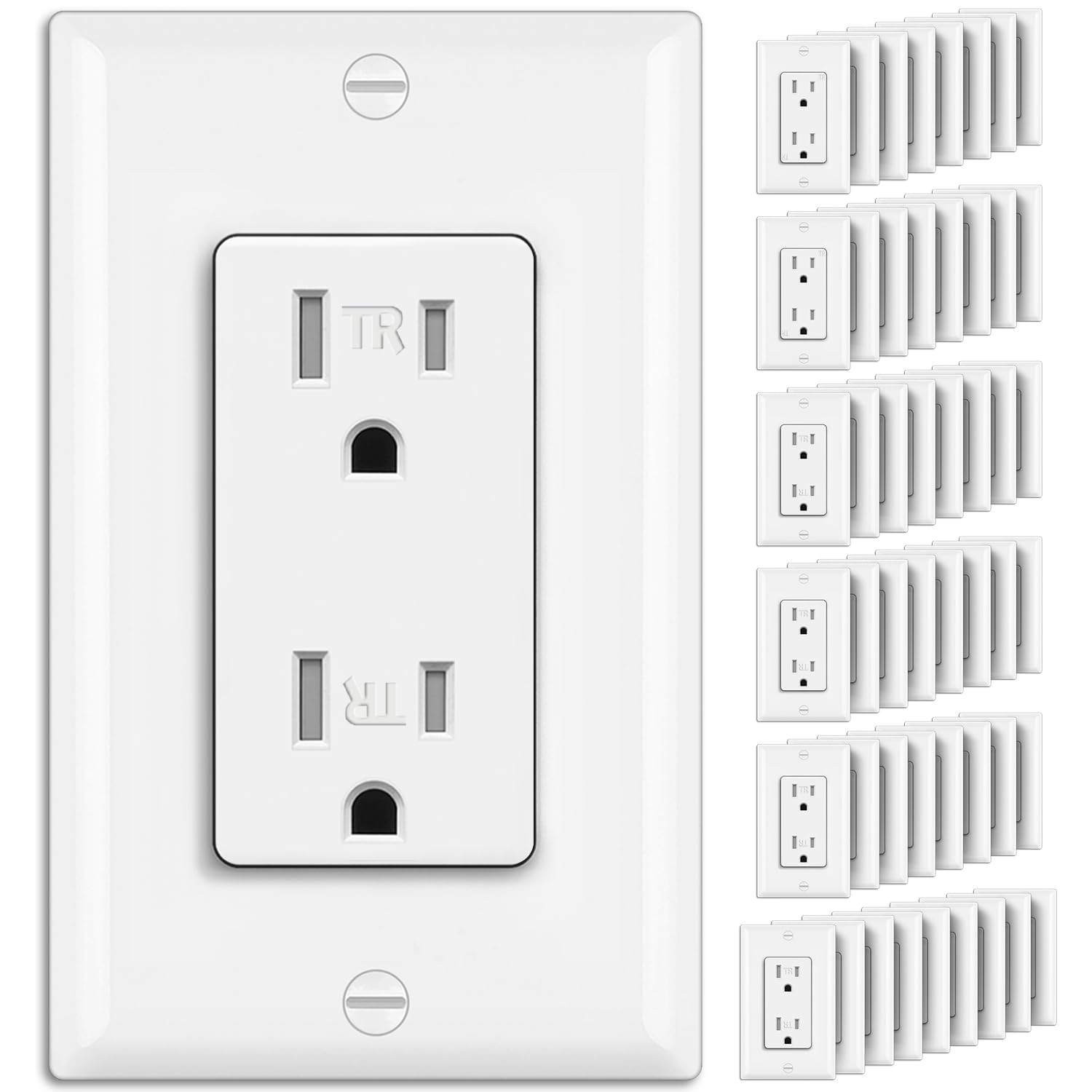 BESTTEN 50 Pack 15 Amp Decorator Receptacle Outlet, Tamper Resistant Receptacle, Residential and Commercial Use, Wallplate Included, 15A/125V/1875W, UL Listed, White Image
