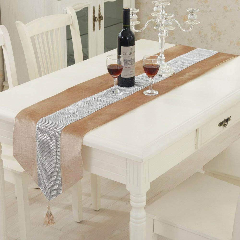 Time to Sparkle Luxury Velvet Diamante Table Runner Thick Velvet Chenille Satin Tasseled Christmas Xmas (Velvet-champagne, Runner 31x183cm)