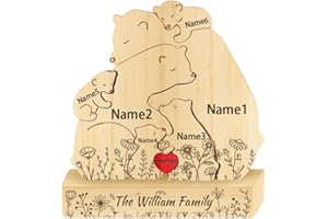 Hugging Bear Family Floral Version Puzzle Mothers Day Home Decor, Personalized Custom Name Wooden Flower Family Bear Puzzle G