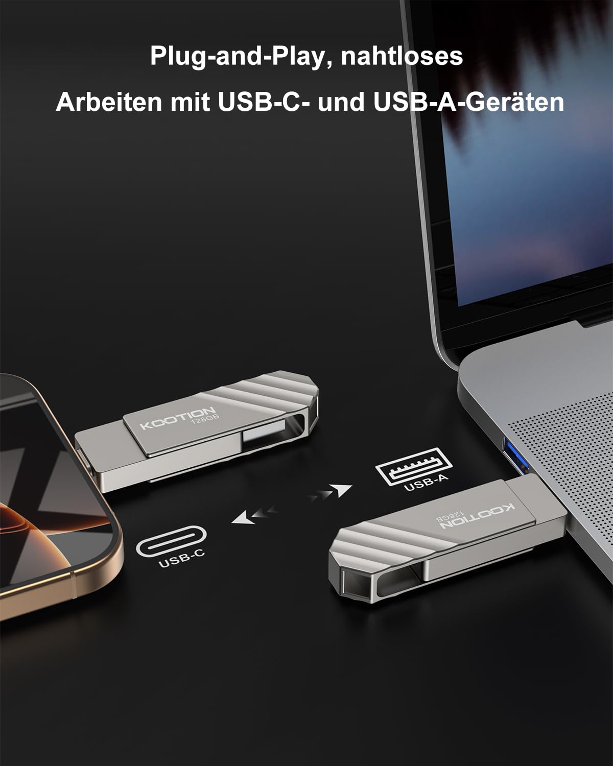 KOOTION USB Stick 128GB USB C Stick USB 3.2 Speicherstick OTG Bis zu 500MB/s 2-in-1 Typ C Flash Laufwerk Externer Speicher Metall für USB-C-iPhone/Android-Smartphone/Tablet/Mac/Laptop/PC,Silber 3