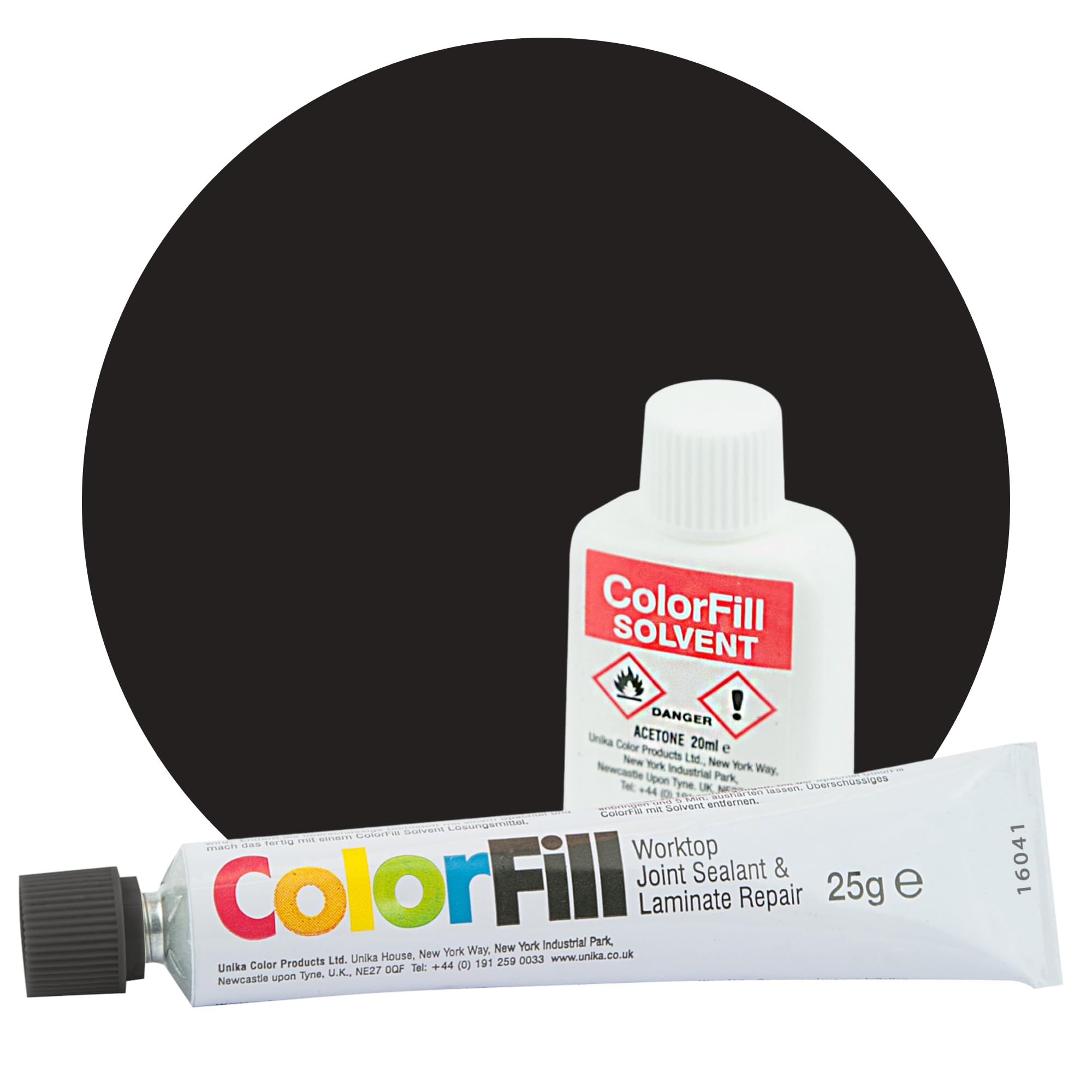 Unika ColorFill Black Granite (CF145) – Laminate Worktop Repair and Joint Kit, Joint Compound, Sealant & Filler | 25g Tube + Applicator + 20ml Solvent – Kitchen Worktop Scratch Repair