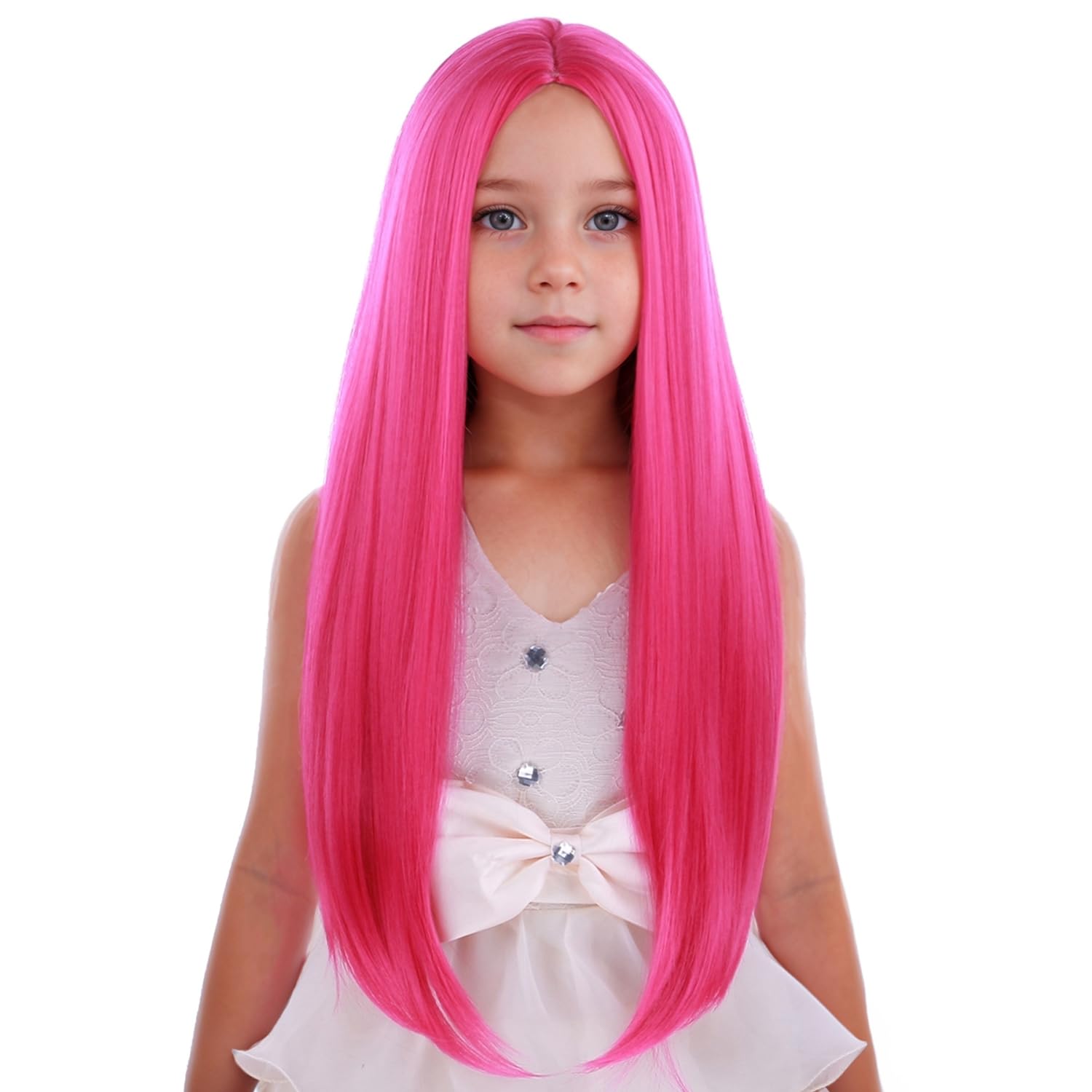 Photo 1 of PATTNIUM Child Kids Hot Pink Wig Long Straight Pink Wig Girls Magenta Hair Neon Pink Wigs Long Middle Part Synthetic Wigs