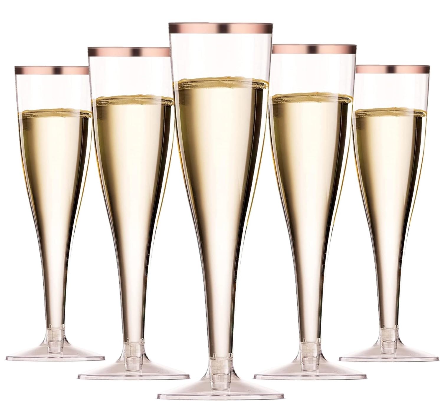 LATERN 50Pcs Rose Gold Rimmed Champagne Flutes, 150ml Plastic Champagne Glasses Reusable Stemmed Party Wine Cups for Garden Wedding Anniversary Shower Parties (5 x 17cm)