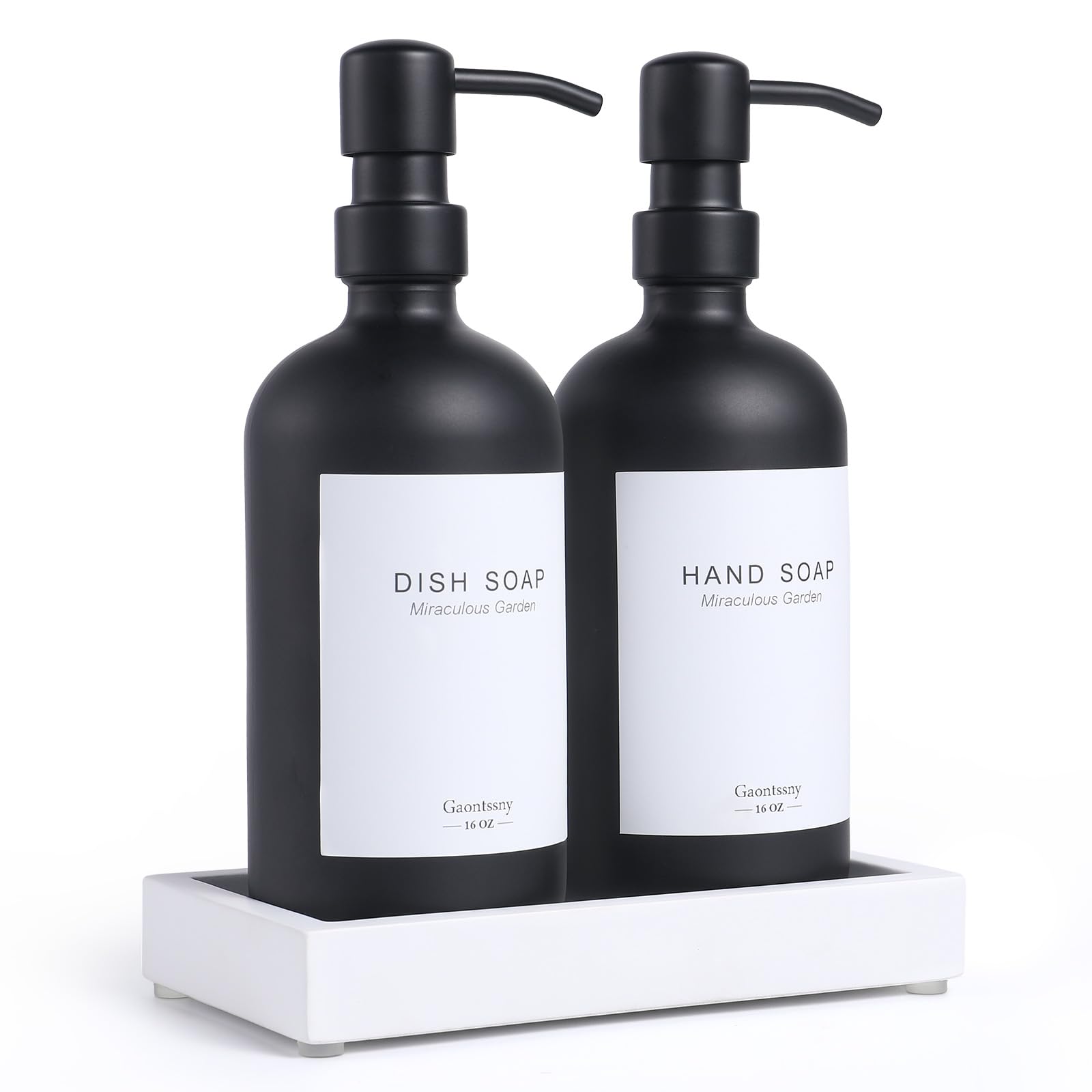 Glass Soap Dispenser with Pump and Concrete Tray | Vintage Soap Dispenser Bathroom and Kitchen Set w. Dish Soap, Hand Soap, Lotion Waterproof Labels（Black Bottles + Black Pump)