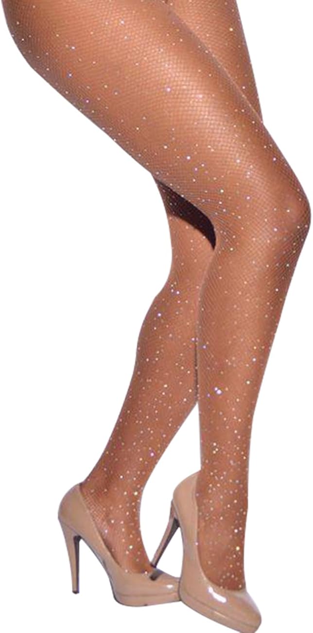 CHRLEISURE Women's Sparkle Rhinestone Fishnets Sexy Tights High Waist Stockings Skin at  Women’s Clothing store